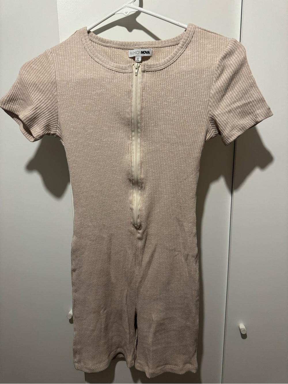 Fashion Nova Light Beige Ribbed Zip-Front One-Piece